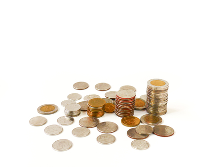 Selective focus saving stack coins isolated on white background with copy space, Business and financial concept.の写真素材