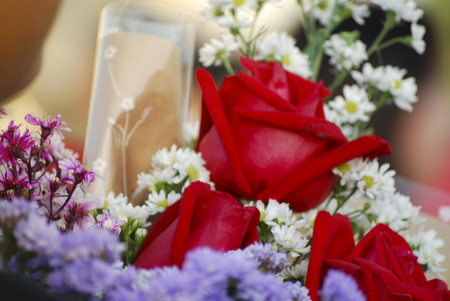 Selective focus red roses bouquet for recent graduates on graduation day.の写真素材