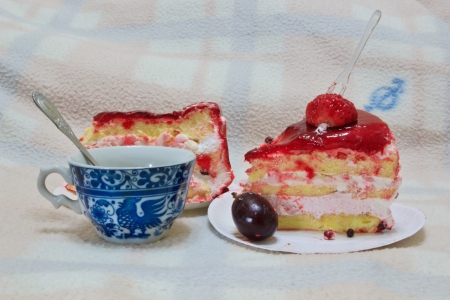 The Cake and coffee cup on Blanket