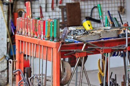 A variety of motorcycle repaired tool and partsの写真素材