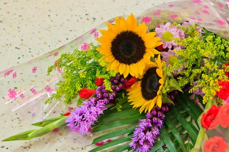 A bouquet of packaging Bright flowersの写真素材