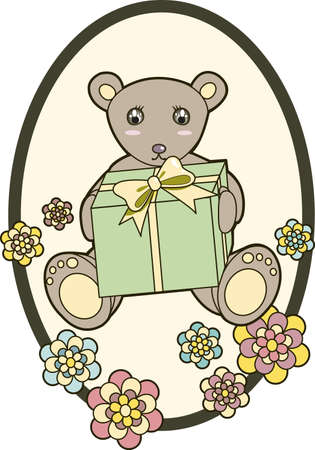 An adorable teddy bear sitting in the midst of flowers and holding a present with a ribbon, all within an oval design のイラスト素材