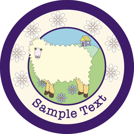 A fluffy white sheep standing in a green field within a circular design containing sample text space and flowers のイラスト素材