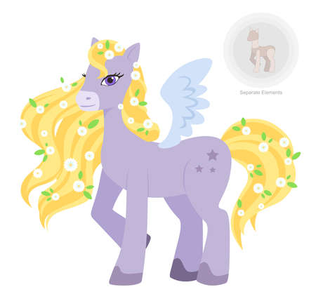 Cartoon Pony with a beautiful mane with flowersのイラスト素材