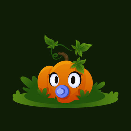 Baby pumpkin on grass. Small vegetable. Autumn cartoon vegetable illustrationのイラスト素材