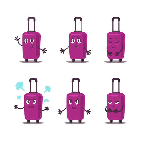 Flat vector violet suitcase pack. Travel bag on wheells emotions set.のイラスト素材