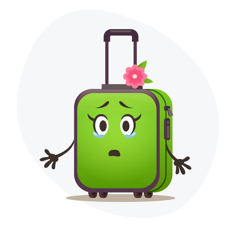 Middle green suitcase on wheels and postmarks on plastic corpus cry that cant travel in pandemic periodのイラスト素材