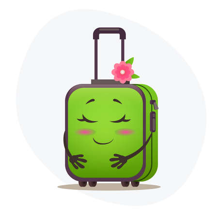 Confused middle green suitcase on wheels and postmarks on plastic corpus dreaming about vacationのイラスト素材