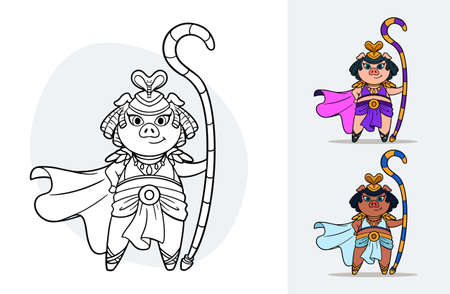 Vector cartoon colorbook for children with an ancient egypt queen pig with color variations examplesのイラスト素材
