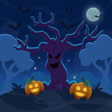 Spooky evil old tree on the hill at nigt forest. Halloween cartoon illustration for post, marketing and printのイラスト素材