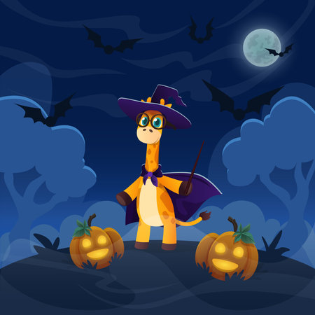 Cartoon giraffe magican standing on the hill in forest. Halloween illustration with funny pimpkin lanterns. Night sky with full moon and flying batsのイラスト素材