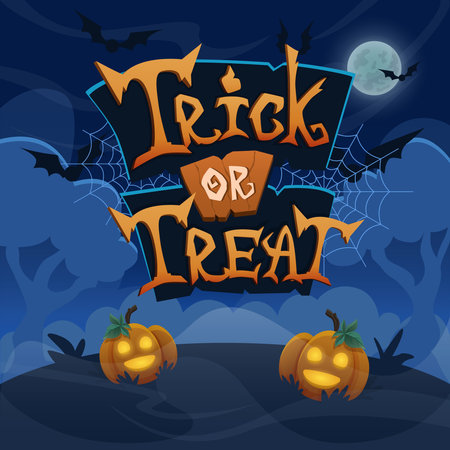 Trick or treat hand drawn lettering. Halloween celebration banner. Stylized vector text on illustration background. Night forest with fullmoonのイラスト素材