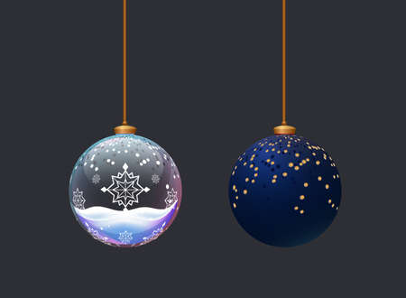 Two beautifull matte and glass balls. Toys for new year celebration. Christmass tree decoration elemenst. Crystall Ball with snowflakesのイラスト素材