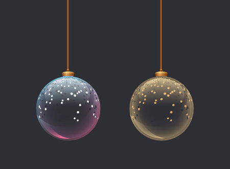 Two transparent glass balls with glitter. Christmas toys. Decor for new year tree. Decoration element for winter advertesignのイラスト素材