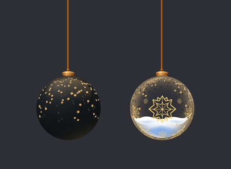 Luxury matte and glass balls. Toys for new year celebration. Christmass tree decoration elemenst. Crystall Ball with snowflakes and snowのイラスト素材