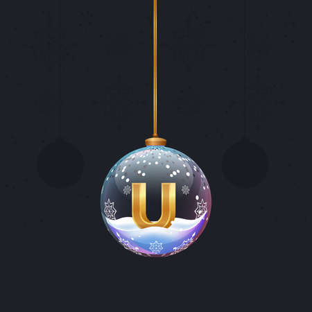 Christmas toy ball with a golden 3D letter inside. New year tree decoration. Element for design banner, flyer or any advertisingのイラスト素材