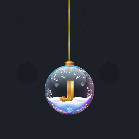 New year alphabet letter in glass christmas toy. Golden 3D letter J inside. Decoration element for design banner, poster or flyerのイラスト素材