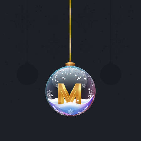 New year alphabet. Christmas toy with a golden 3D letter M inside. Fir decoration. Element for design banner, calendar or any advertisingのイラスト素材