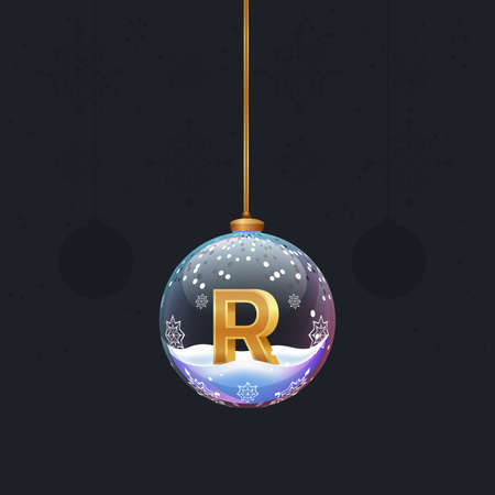 Alphabet letter in glass christmas tree toy. Golden 3D letter R inside ball. New year decoration element for design template banner, poster or greeting cardのイラスト素材