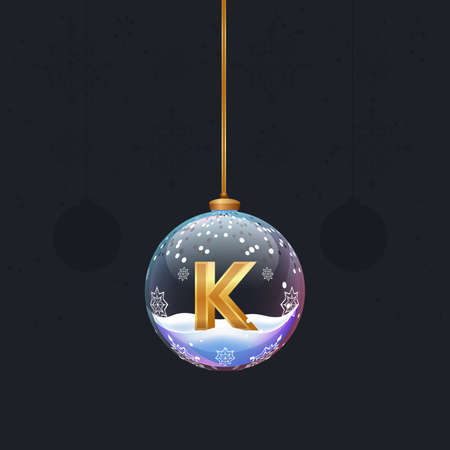 Christmas toy ball with a golden 3D letter K inside. New year tree decoration. Element for design banner, flyer or any advertisingのイラスト素材