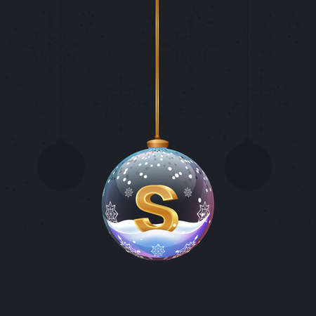 Alphabet letter in glass christmas tree toy. Golden 3D letter S inside ball. New year decoration element for design template banner, poster or greeting cardのイラスト素材