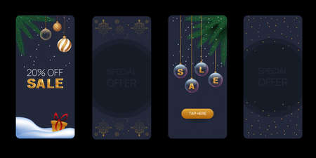 Vertical new year banners with fir branches and christmas tree balls. Winter sale flyers template decoration with snowlakesの写真素材