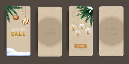 Vertical christmas banners with fir branches and christmas tree balls. New year sale flyers layout.の写真素材