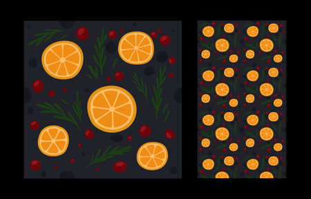 New year hand drawn pattern with orange, red berries and green firs. Decoration for christmas card and packaging paper. Seamless texture.のイラスト素材