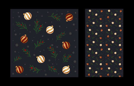 Traditional new year pattern with balls and green firs. Decoration for christmas card and packaging paper. Seamless texture.のイラスト素材
