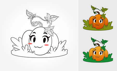 Vector coloring page with funny pumpkin standing on grass. Coloring scheme examplesのイラスト素材
