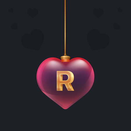 Red glass heart toy with a golden 3D letter R inside. Valentine day decoration.Design element for banner, invintation or any advertisingのイラスト素材