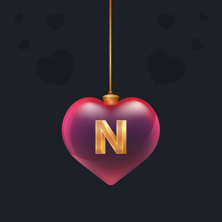 Glass ball with a golden 3D letter N inside. Valentines day decoration element for design banner, card or any advertisingのイラスト素材
