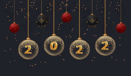 2022 New year banner on dark background. Xmas flyer with glass balls with numbers and glitter....