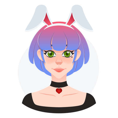 Pretty young woman cartoon avatar. Short hair beauty with rabbit ears acessory. Girl in wonderland....
