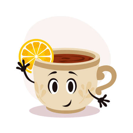 Vector white tea cup with hot drink. Tea with lemon piece. Happy cartoon character with print on surfaceのイラスト素材