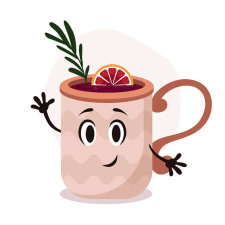 Vector big brown cup with hot drink. Mulled wine with rosemary and orange. Funny cartoon mug character with smile.のイラスト素材