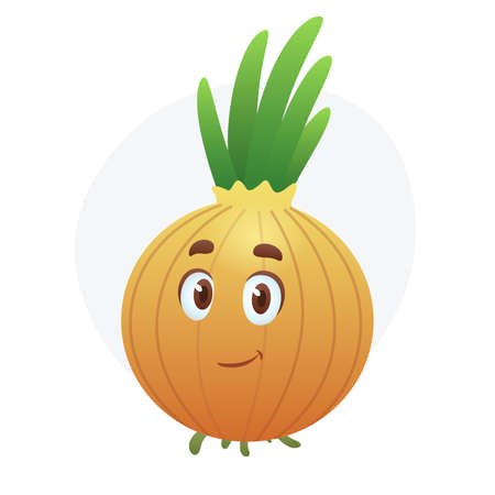 Funny cartoon onion character. Vegetable mascot on isolated white backgroundのイラスト素材