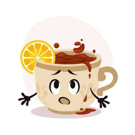 White tea cup with hot drink. Tea with lemon piece. Sad cartoon character with print on surfaceのイラスト素材