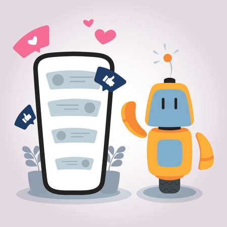 Concept phone illustration with robot assistant and chat. Conversation in social media, digital article and advertisingのイラスト素材