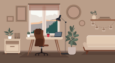 Cozy home workplace. No people home office illustration. Loft style interior, freelance workspace. Cartoon style room with table, window, lamp, sofa, laptopのイラスト素材