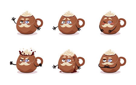 Cartoon vector emotion set of red cup with christmas drink. Cacao with marshmallow.のイラスト素材