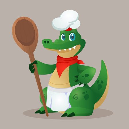 Cartoon crocodile chef with big wodden spoon. Vector character in chef hat and apron for game. children book, education, web or advertisignのイラスト素材