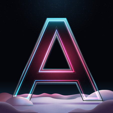 3D letter A with neon light insight. Glass letter with sparkles and winter background. Holiday decoration. Element for design poster, advertisign or gameのイラスト素材