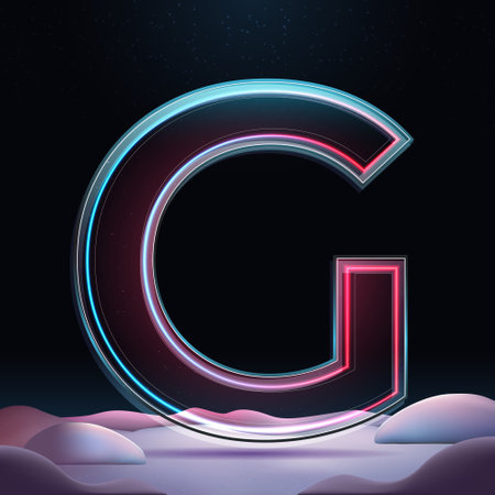 3D glass letter G with neon light insight. Big relistic letter with sparkles and winter background. Holiday decoration. Element for design poster, advertisign or gameのイラスト素材