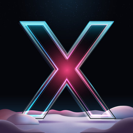 3D letter X with neon light insight. Glass letter with sparkles and winter background. Holiday decoration. Element for design poster, advertisign or gameのイラスト素材