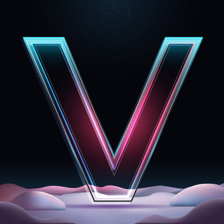 3D letter V with neon light insight. Glass letter with sparkles and winter background. Holiday decoration. Element for design poster, advertisign or gameのイラスト素材