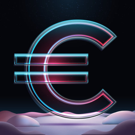 Realistic 3D rendering big glass Euro sign. European currency with neon glow and sparkles insight. Futuristic vector winter illustrationのイラスト素材