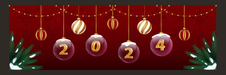 Horizontal 2024 New Year banner with fir branches and christmas tree balls. Winter holiday banner for greetings or advertisignのイラスト素材