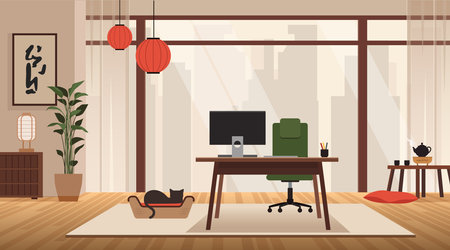 Modern zen home office with big window, home plant, computer and cat. Calm, roductive workplace in asian style with city view and creative atmosphereのイラスト素材