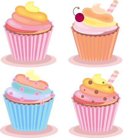 Sweet cupcake set.  Isolated on white background.  Muffin icon. Yummy dessert decorated with cherry, candy, creme, chocolate. For design menu, cafe decoration,  greeting cards. Vector illustrationのイラスト素材